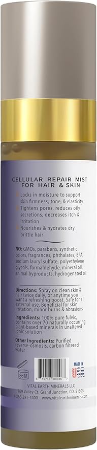 Vital Earth Fulvic Mineral Facial Mist, Travel-Friendly – Anti-Aging Face & Hair Spray for Cellular Renewal & Hydration, 3.4 Oz
