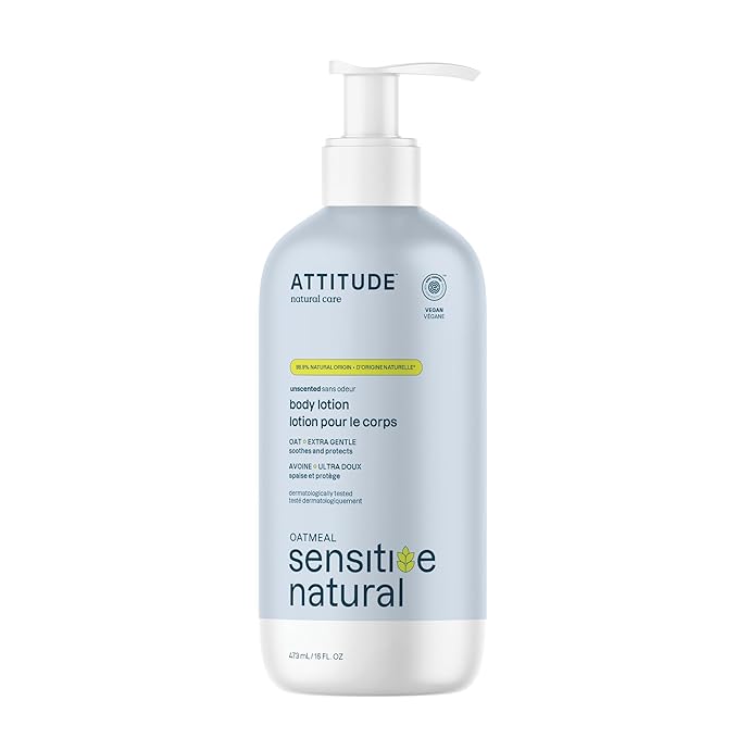 ATTITUDE Body Lotion for Sensitive Skin with Oat, EWG Verified, Dermatologically Tested, Vegan, Extra Gentle, Unscented, 16 Fl Oz