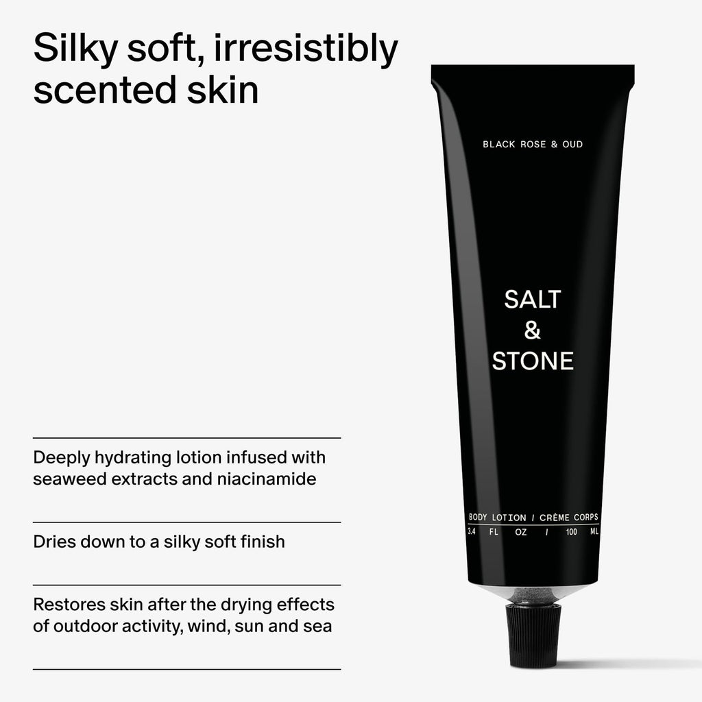 Salt & Stone Body Lotion for Women & Men | Hydrates, Nourishes & Softens Skin | Restores Dry Skin | Fast-Absorbing | Cruelty-Free & Vegan (100 ml) (Black Rose & Oud)