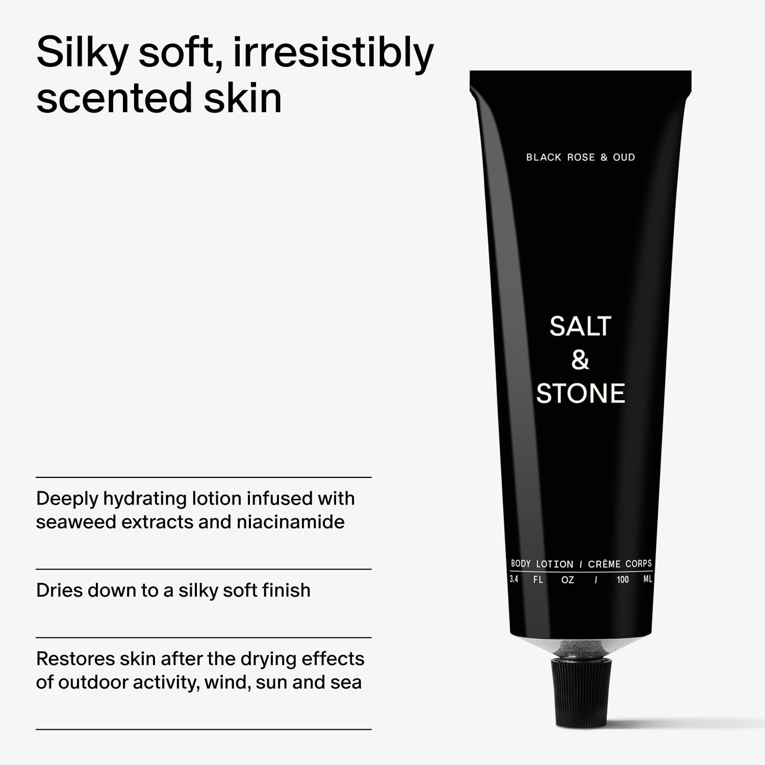 Salt & Stone Body Lotion for Women & Men | Hydrates, Nourishes & Softens Skin | Restores Dry Skin | Fast-Absorbing | Cruelty-Free & Vegan (100 ml) (Black Rose & Oud)