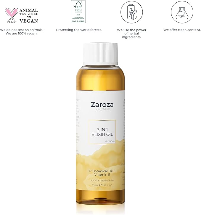 3-in-1 Elixir Oil – Organic Face, Body & Hair Oil with Vitamin E & 17 Botanical Oils – Moisturizing & Nourishing Treatment for Dry Skin, Scalp & Damaged Hair – for Women & Men – 5 fl oz