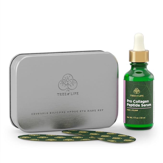 Tree of Life Beauty Hydrating Facial Serum Collagen Peptides with Argireline and Replexium - Anti Aging and Wrinkle Reduction (1oz) and Silicone Reusable Under Eye Patches for Puffy Eyes