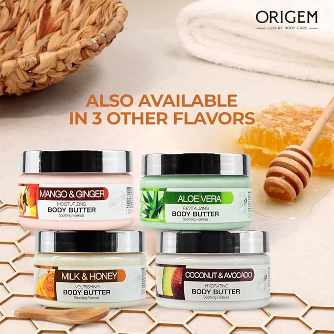 ORIGEM Body Butter for Dry Skin – Ultra-Nourishing & Hydrating Cream with Mango, Ginger, Argan Oil, Shea Butter & Honey – Moisturizer for Smooth, Glowing Skin – 8 Oz
