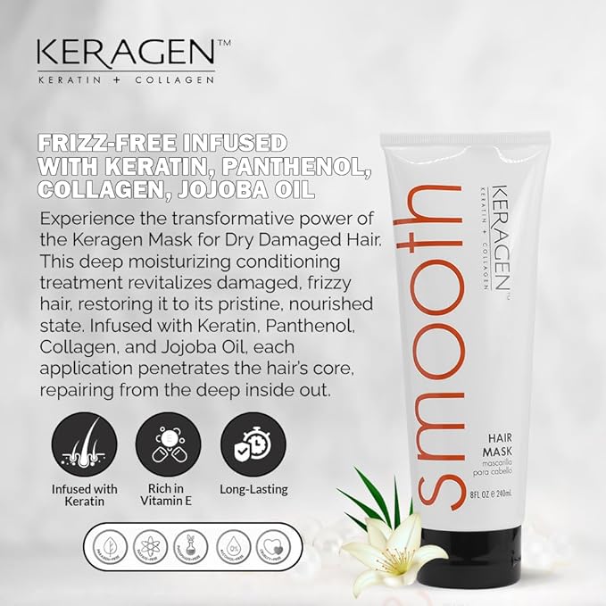 Keragen Hair Combo: Mask (8 Oz) + Clarifying Shampoo (32 oz) - Deep Conditioning, Repairs, Frizz-Free, Infused with Keratin, Panthenol, Collagen, Jojoba Oil