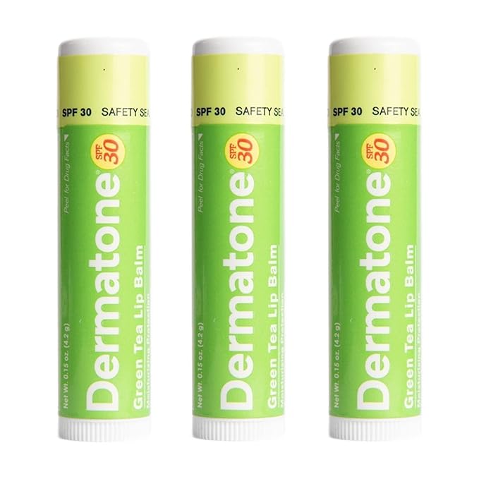 Dermatone Green Tea Lip Balm | Moisturizing | Medicated | Aloe & Vitamin E | Soothes Chapped & Cracked Lips | SPF30 | 3-pack (Green Tea, 0.15oz)
