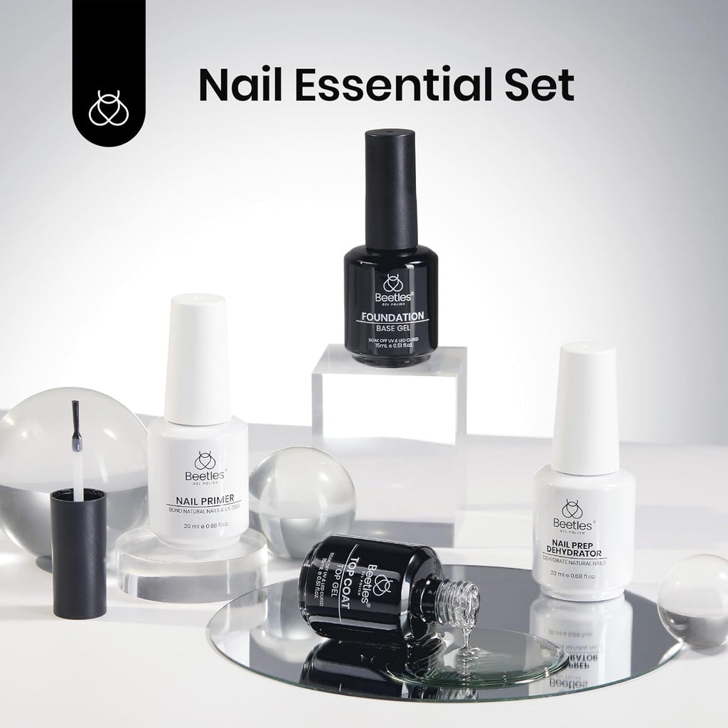 Beetles 4 Pcs 15ml Base Gel and Top Coat Kit with 20ml Nail Dehydrator and Primer, Professional Nail Prep Acid-Free & Hema-Free Dehydrate Bond Primer Set for Acrylic Nail Manicure Gift for Women