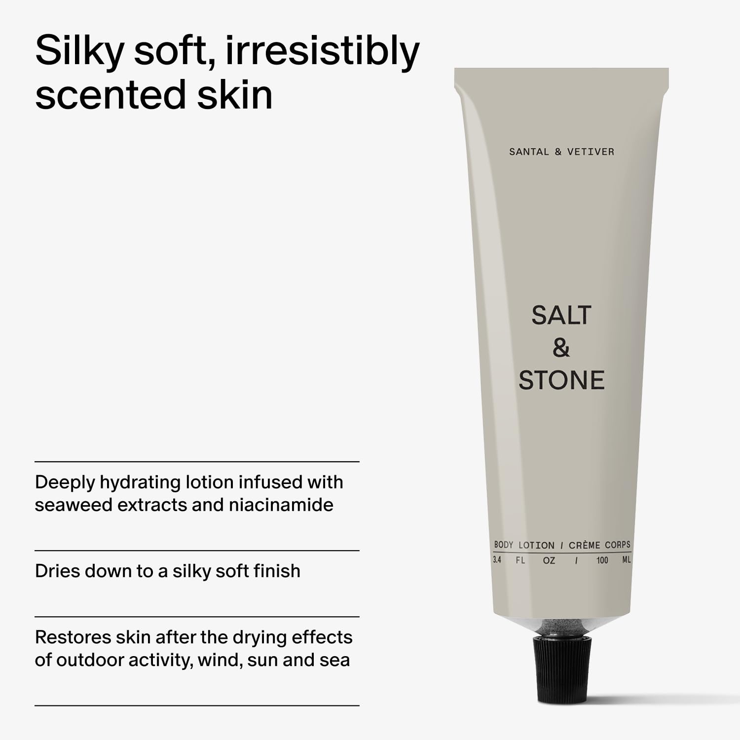 Salt & Stone Body Lotion for Women & Men | Hydrates, Nourishes & Softens Skin | Restores Dry Skin | Fast-Absorbing | Cruelty-Free & Vegan (100 ml) (Santal & Vetiver)