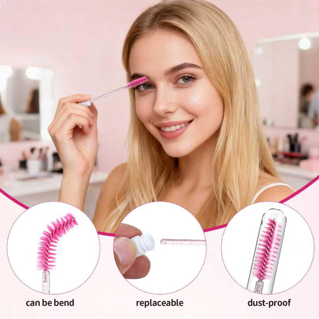 50 Pcs Lash Shampoo Bottle Brushes Set 10 Empty Foam Pump Dispensers 10 Label Stickers 10 Mascara Wands Tubes 10 Cleansing Brush 10 Bag for Eyelash Extensions Aftercare(Rose Red)