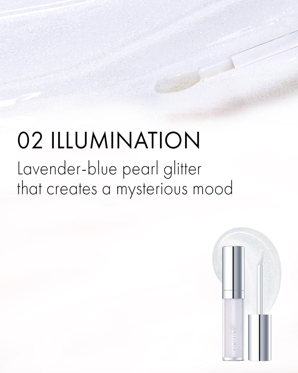 VIDIVICI Millennial Lip Oil #02 Illumination - Non-Sticky Dewy Gloss for Moisturized & Voluminous Lips - Illuminating Transparent Lavender-Blue Glitter Lip Makeup, 0.12 fl.oz.