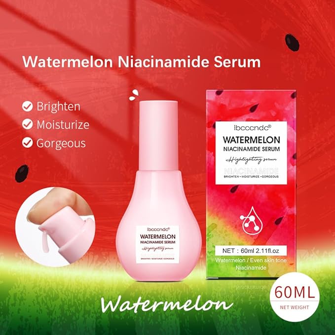 Watermelon Niacinamide Moisturize Serum, Highlighting Serum, Hydrating with Hyaluronic Acid, Glycerin and Vitamin E, Lightweight Facial Serum & Priming Liquid Highlighter