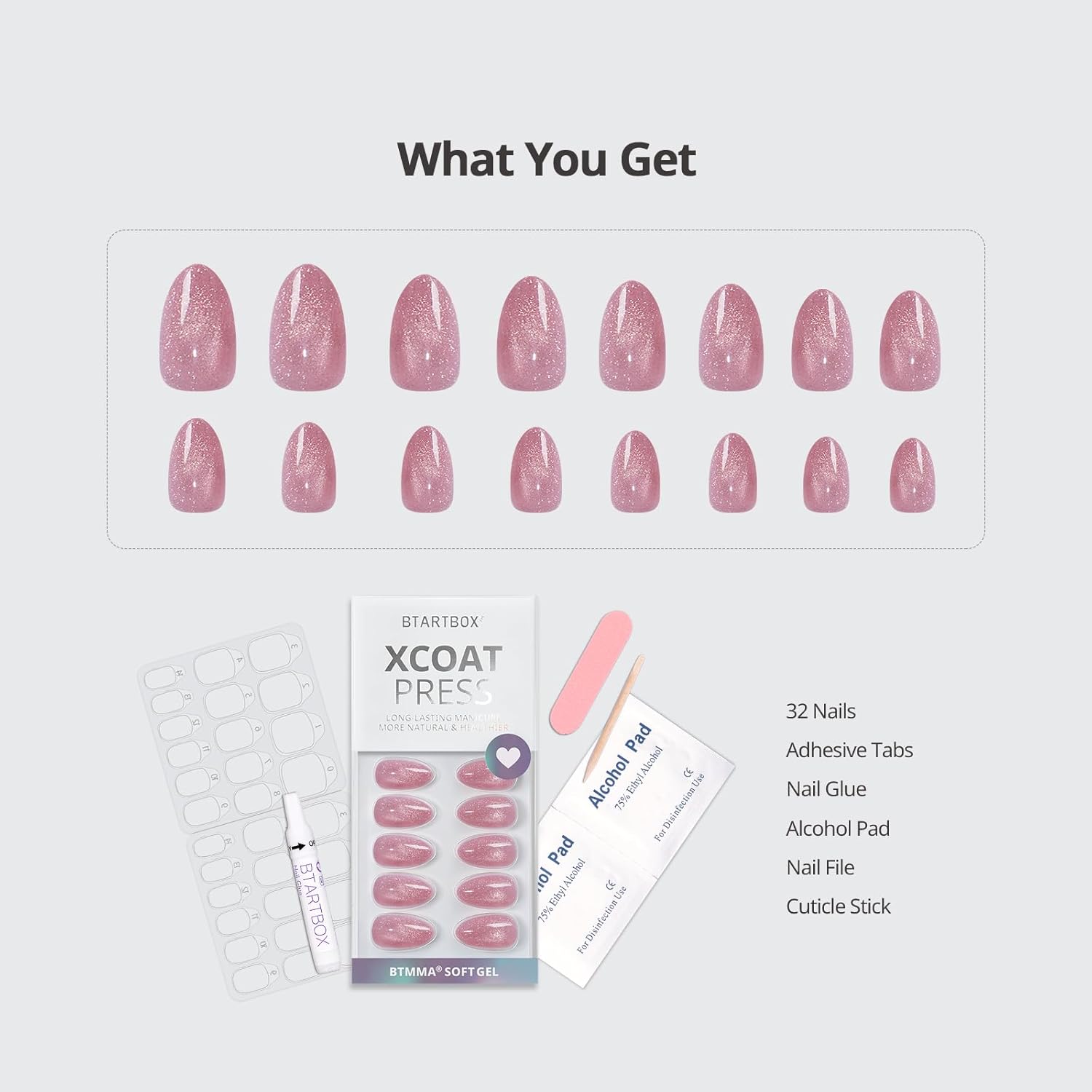 BTArtbox Press On Nails Short - Lamp-Curable Pink Cat Eye Almond Press On Nails with Glue for Women, Semi-Transparent Soft Gel Glue On Nails in 16 Sizes - 32 Stick On Nails Kit, Spring Charm