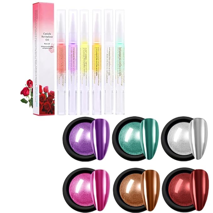 6Pcs Nail Cuticle Oils Nutrition Oil Pen and Chrome Nail Powder for Beautiful Mirror Effect Chrome Powder