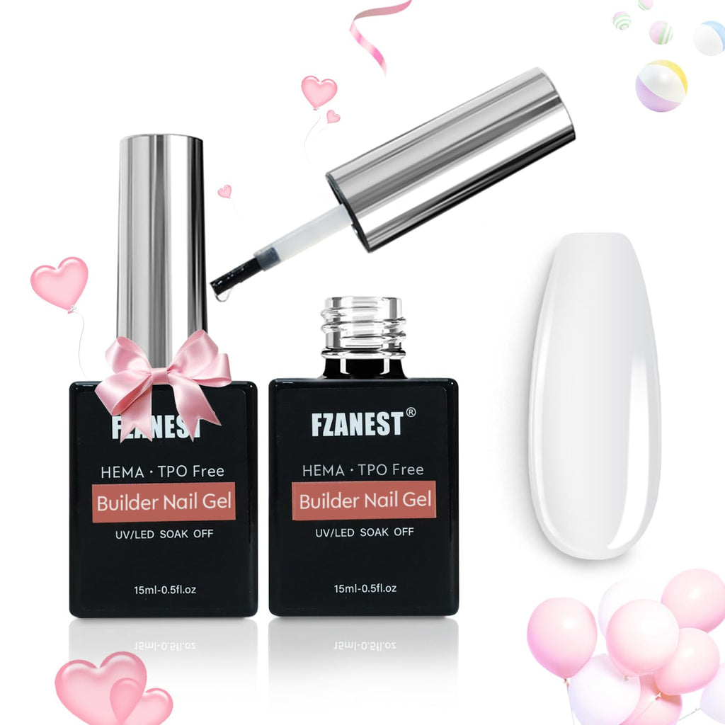 FZANEST Builder Nail Gel Hema & TPO-Free 15ml *2 pcs Clear Hard Gel Extension For Nails Thickening Strengthener Brush on Builder Bottle Soak Off UV Holiday Nail Art Design for Girls