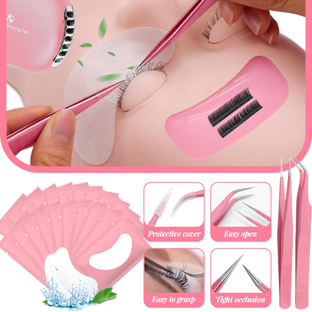 Lash Extension Kit Eyelash Practice for Beginners Professional Set with Mannequin Head Removable Eyelids USB Fan Spraye Individual False Lash Eyelash Strips Shampoo Brush Supplies Storage box