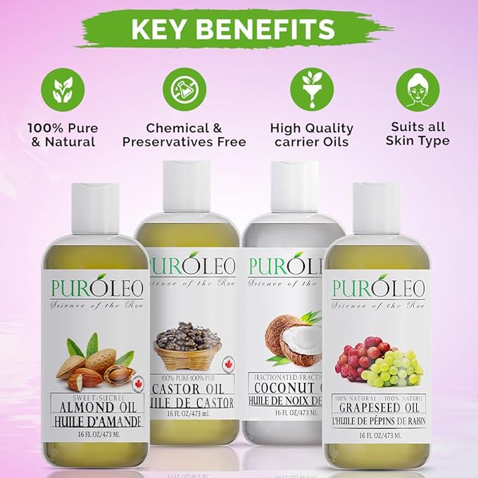 PURÓLEO Carrier Oil Gift Set- 4 Pcs - Coconut Oil- Almond Oil - Castor Oil - Grapeseed Oil - 100% Natural Moisturizing Massage 4 Pc (16 Fl Oz)
