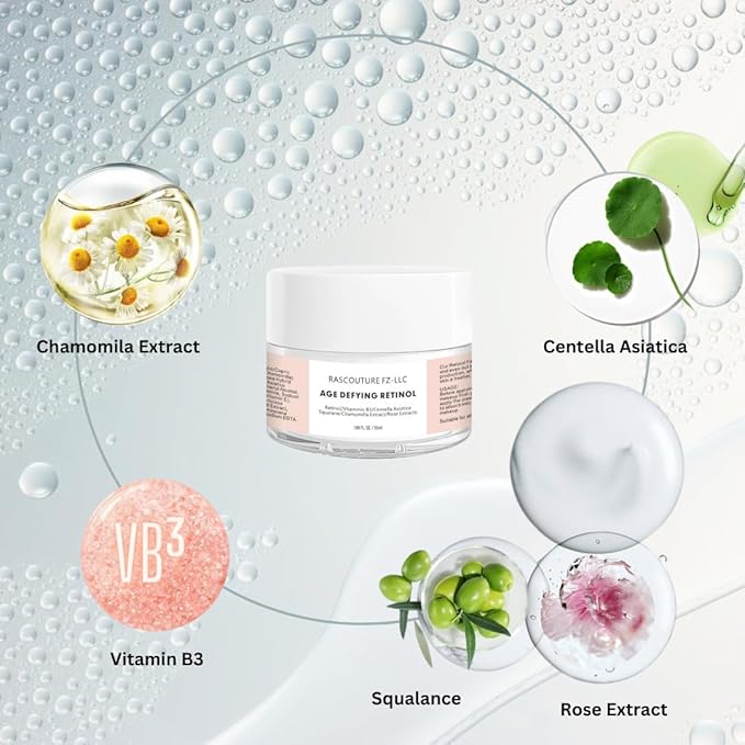 Ras Age Defying Retinol for Face, Plums out Fine Lines, Reduces Large Pores, Detoxify Skin from Free Redicals, Gives youthful Look, With Vitamin B3, Rose Extract, Chamomile, Centella Asiatica 50ml