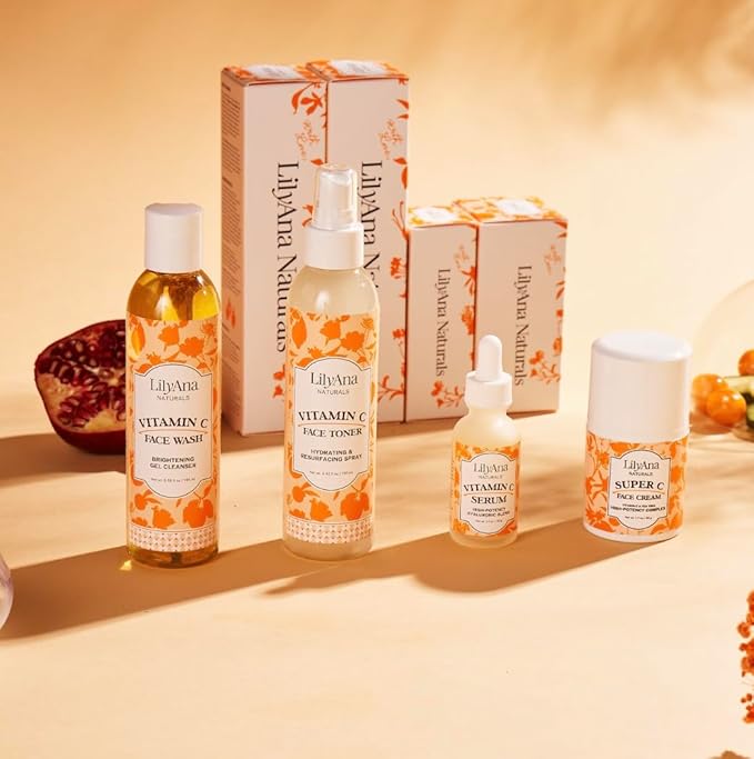 LilyAna Naturals Vitamin C Skincare Gift Set - Brightening and Anti-Aging Skin Care Products - Vitamin C Serum and Hyaluronic Acid - 4 Piece Set