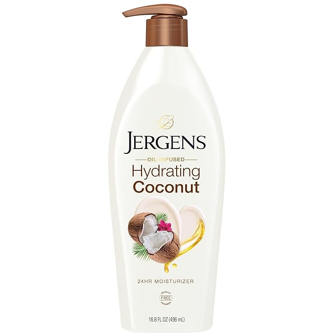 Jergens Hydrating Coconut Body Lotion, Hand and Body Moisturizer, Infused with Coconut Oil, Hydrates Dry Skin Instantly, Dermatologist Tested, 16.8 oz