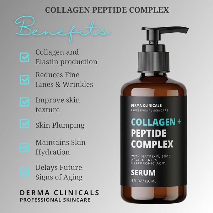 Collagen Peptide Serum with Matrixyl 3000 + Argireline, Hyaluronic Acid Serum, Anti-Aging Collagen Face Serum, Firming and Plumping, Anti-Wrinkle Serum for face - 4oz