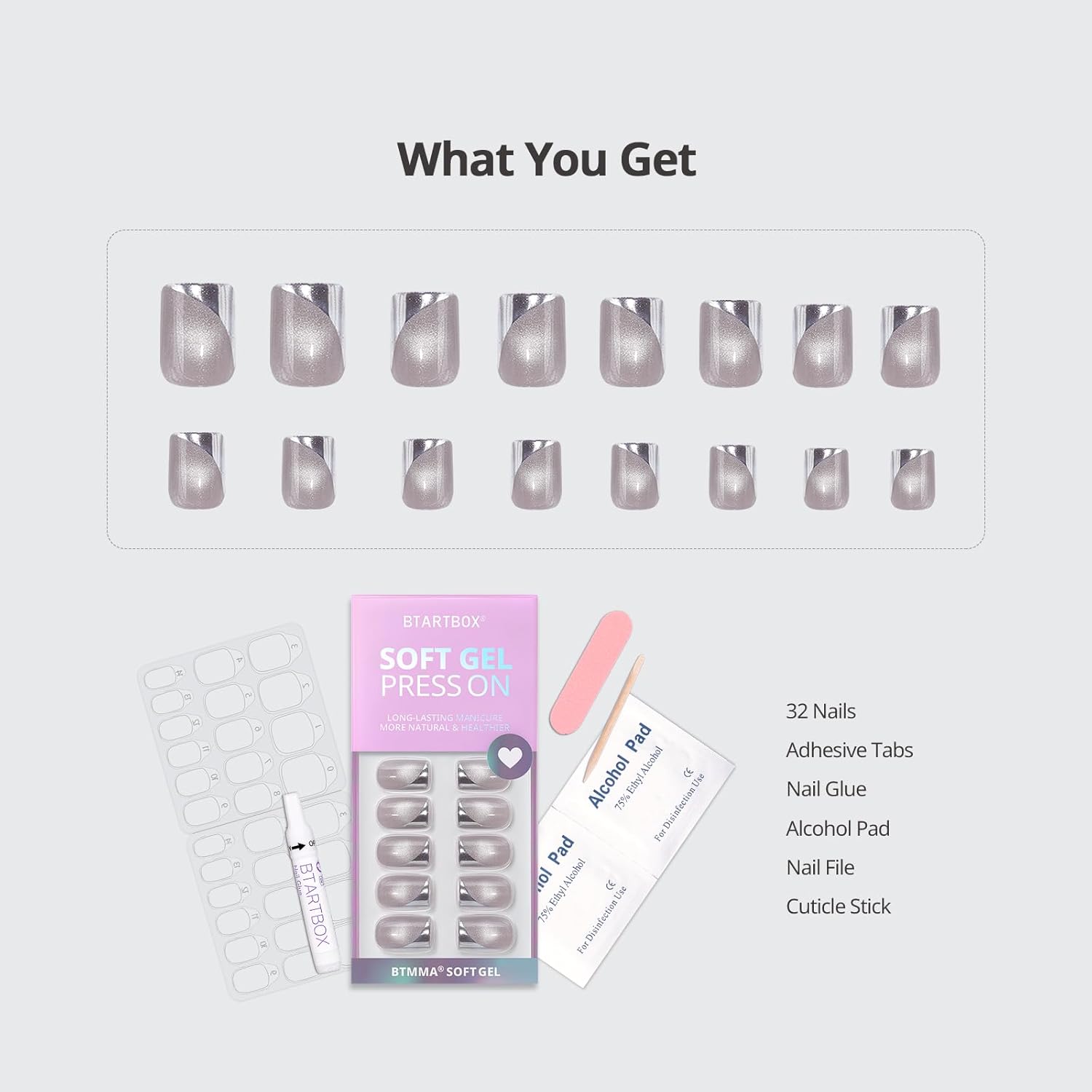 BTArtbox French Tip Press On Nails - Metallic Cat Eye Short Square Press On Nails with Glue for Women, Opaque Soft Gel Glue On Nails in 16 Sizes - 32 Stick On Nails Kit, Gleaming