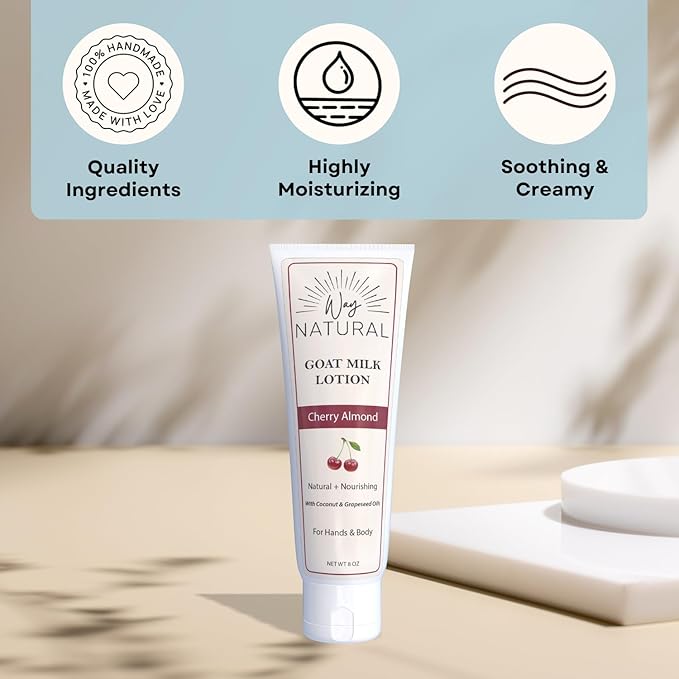 Goat Milk Lotion, Cherry Almond - Home & Away Set, Natural, Body/Hand - Goat Milk Hand Cream for Women and Men - Dry Skin Relief - Cherry Almond Lotion - 8oz & 2oz Travel Size Tube