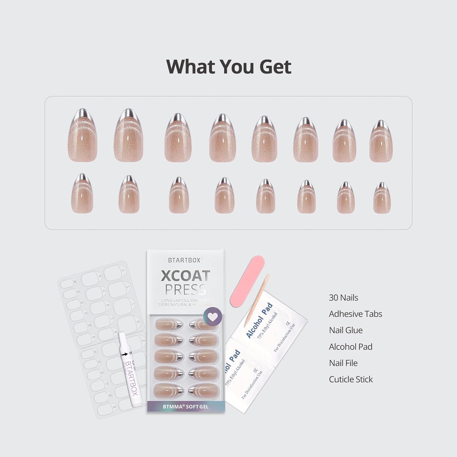 BTArtbox Almond Press On Nails Medium - Lamp-Curable Metallic French Tip Cat Eye Press On Nails with Glue for Women, Soft Gel Glue On Nails in 15 Sizes - 30 Stick On Nails Kit, Silver Storm