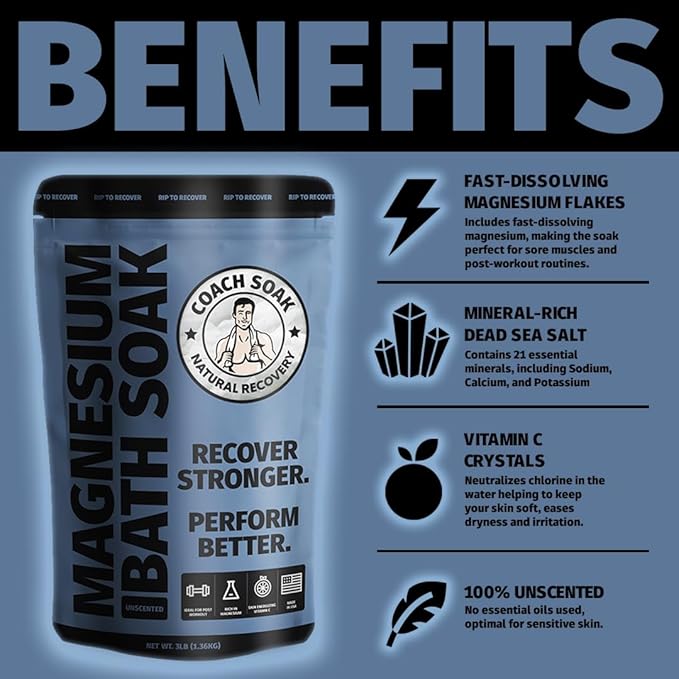 Coach Soak Recovery Bath Soak - Faster Absorption Than Epsom Salt for Pain - Rejuvenating Magnesium Flakes with 21 Minerals, Essential Oils & Bath Salts, 3lbs (Unscented)