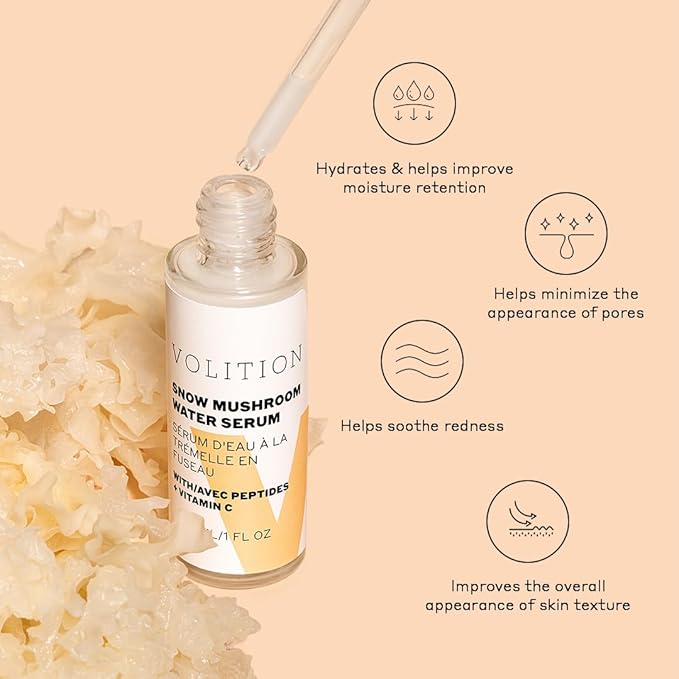 Volition Beauty Snow Mushroom Water Facial Serum - Hydrating Face Serum Improves Moisture Retention While Minimizing Look of Pores & Fine Lines (30ml / 1 fl oz)