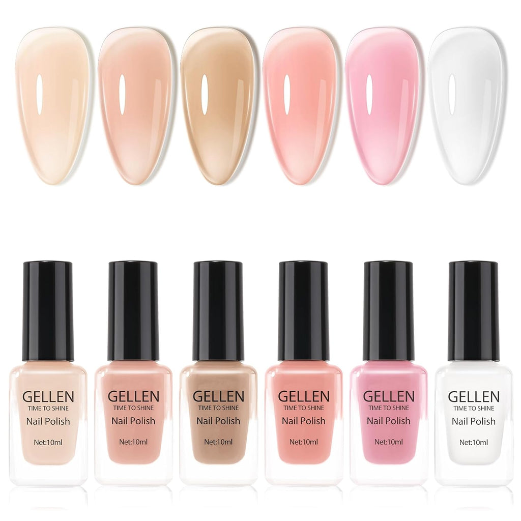 GELLEN Sheer Nude Jelly Nail Polish Not UV Gel, Neutual Regular Nail Polish, Translucent Nude Pink Milky White 6 Colors Set for Acrylic Natural Nails Home Salon, Quick Air Dry, Hema Free, Non-toxic
