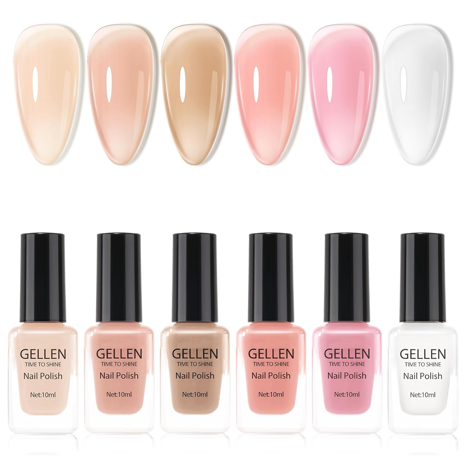 GELLEN Sheer Nude Jelly Nail Polish Not UV Gel, Neutual Regular Nail Polish, Translucent Nude Pink Milky White 6 Colors Set for Acrylic Natural Nails Home Salon, Quick Air Dry, Hema Free, Non-toxic