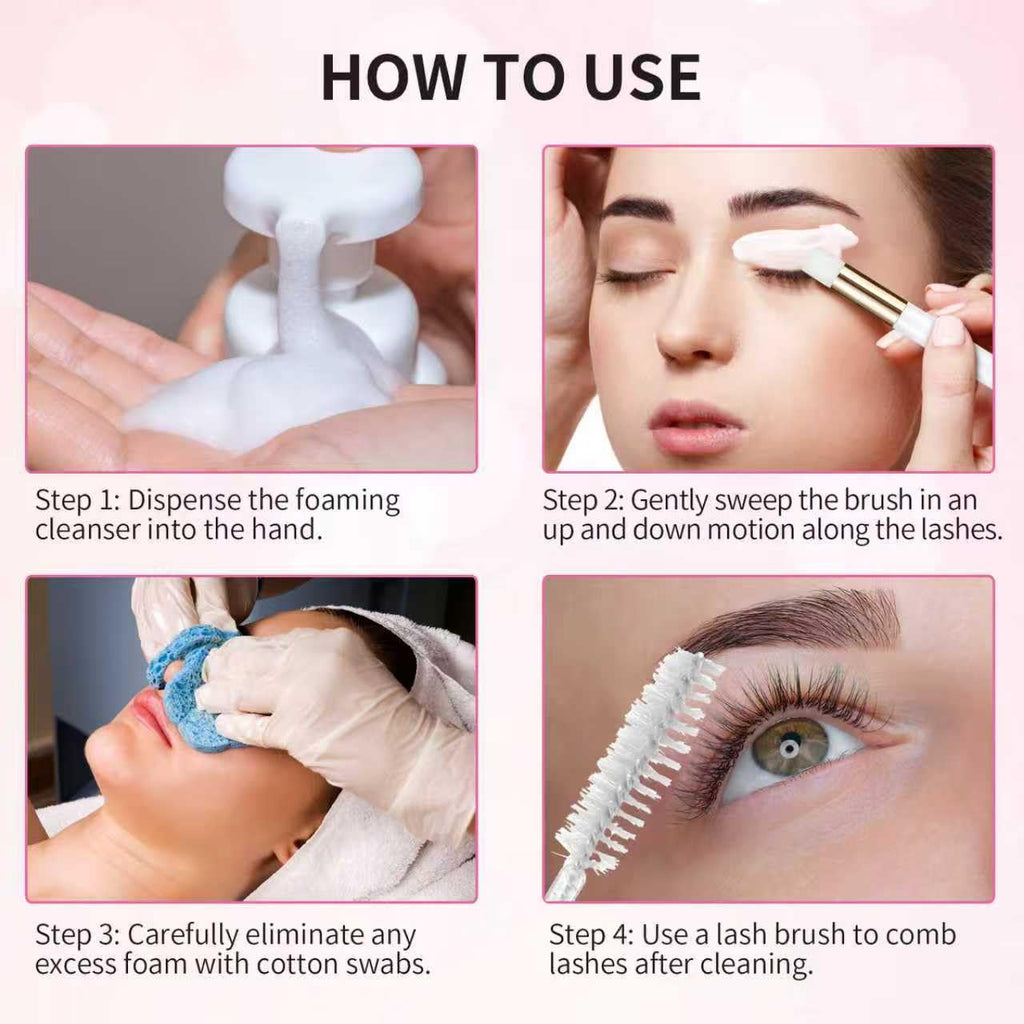 50 Pcs Lash Shampoo Bottle Brushes Set 10 Empty Foam Pump Dispensers 10 Label Stickers 10 Mascara Wands and Tubes 10 Cleansing Brush 10 Bag for Eyelash Extensions Aftercare(White)