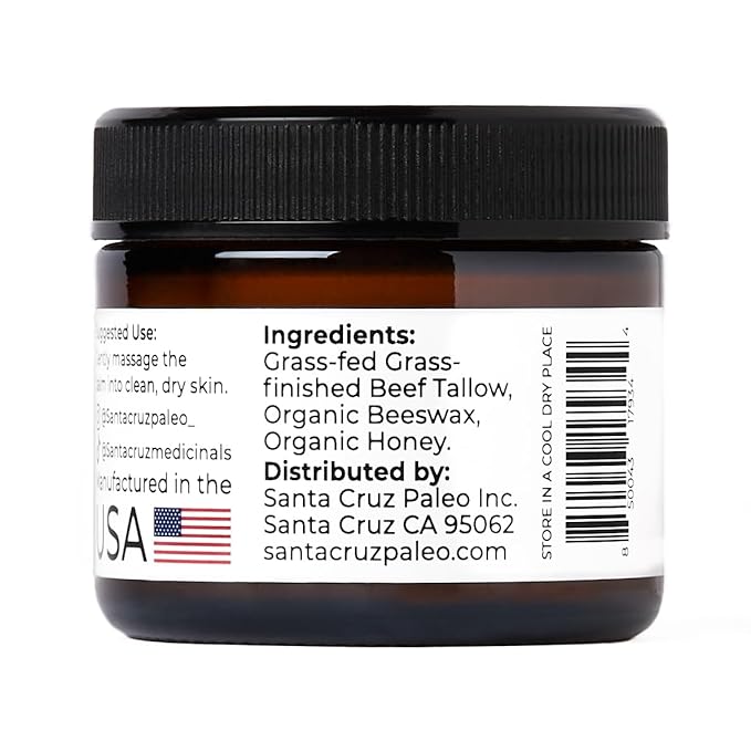Santa Cruz Paleo Beef Tallow for Skin, Grass Finished & Grass Fed Beef Tallow and Honey Balm Body & Face Moisturizer, Organic Beeswax and Organic Honey, Light Scent, Moisturizing Natural Formula, 2 Oz