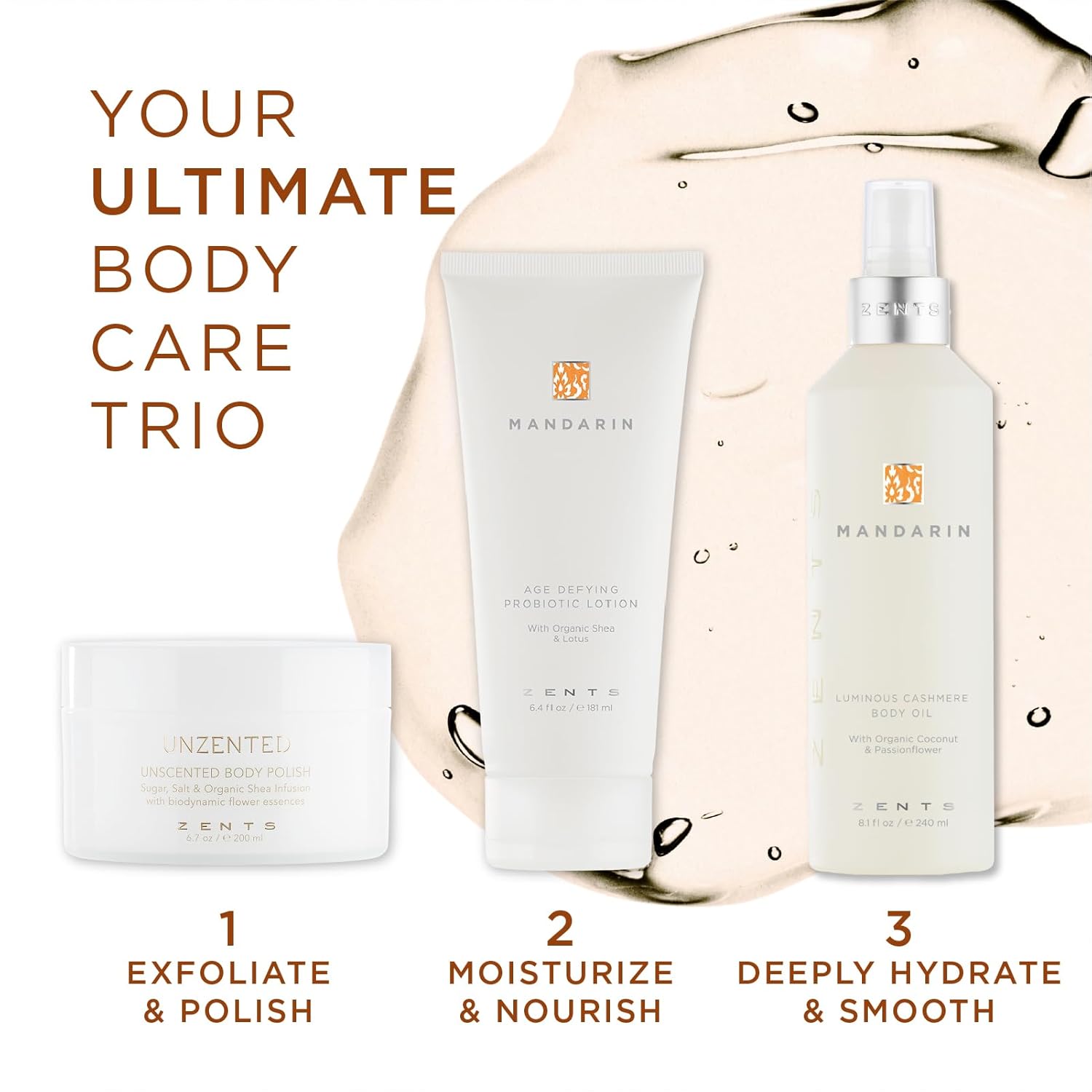 Zents Luminous Cashmere Body Oil (Mandarin Fragrance) | Moisturizing Body Oil with Vitamin E & Organic Coconut Oil | Softens & Smooths Skin | 8 fl oz