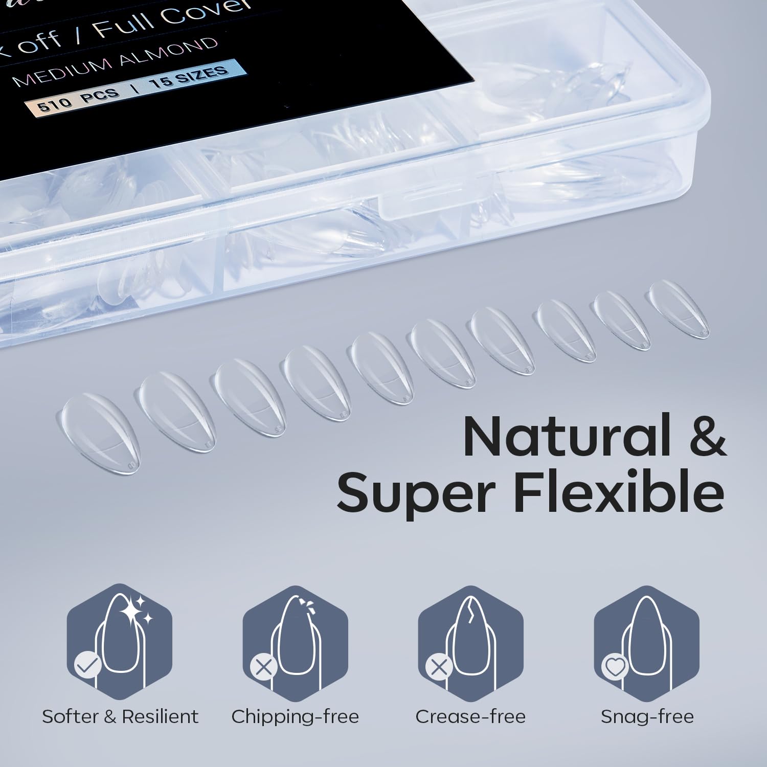 Modelones Almond Fake Nail Tips -510Pcs Medium Soft Gel Nail Tips Almond Shape Pre Etched Half Matte Full Cover Clear Acrylic Gel Kit False Press on for Extension Manicure Salon DIY at Home 15 Sizes