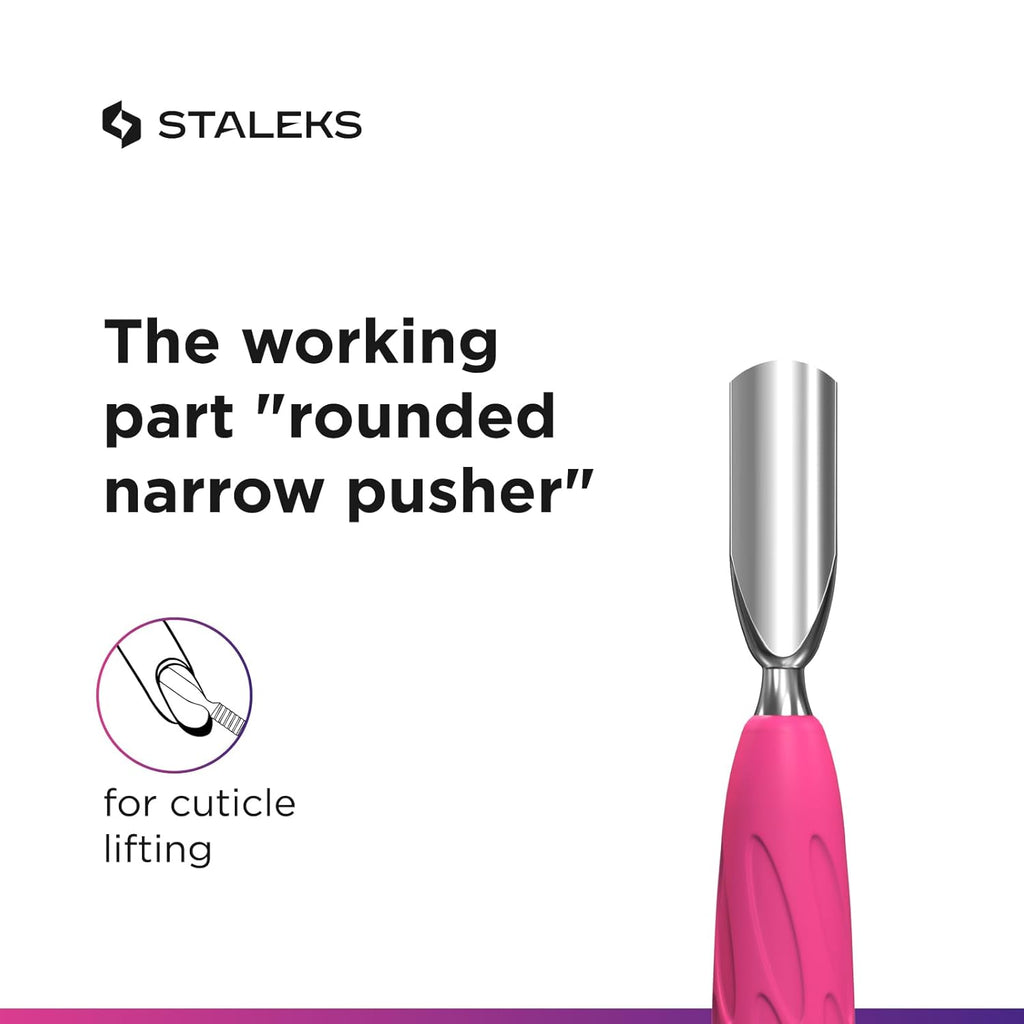 Staleks Manicure pusher Gummy with silicone handle UNIQ 10 TYPE 4.2 – Stainless Steel – Professional Cuticle Tool (rounded narrow pusher and bent blade)