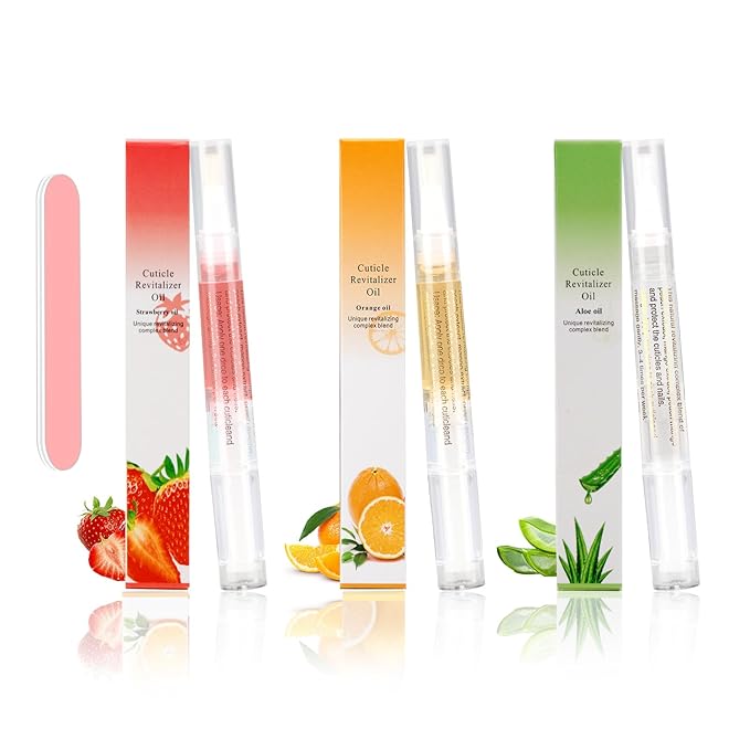 Meschett 3PCS Nail Cuticle Oil Pens with Nail File, Cuticle Oil for Nails from Natural, Nail Oil Cuticle for Cracked and Dry Nail(Orange & Strawberry & Aloe Flavor)