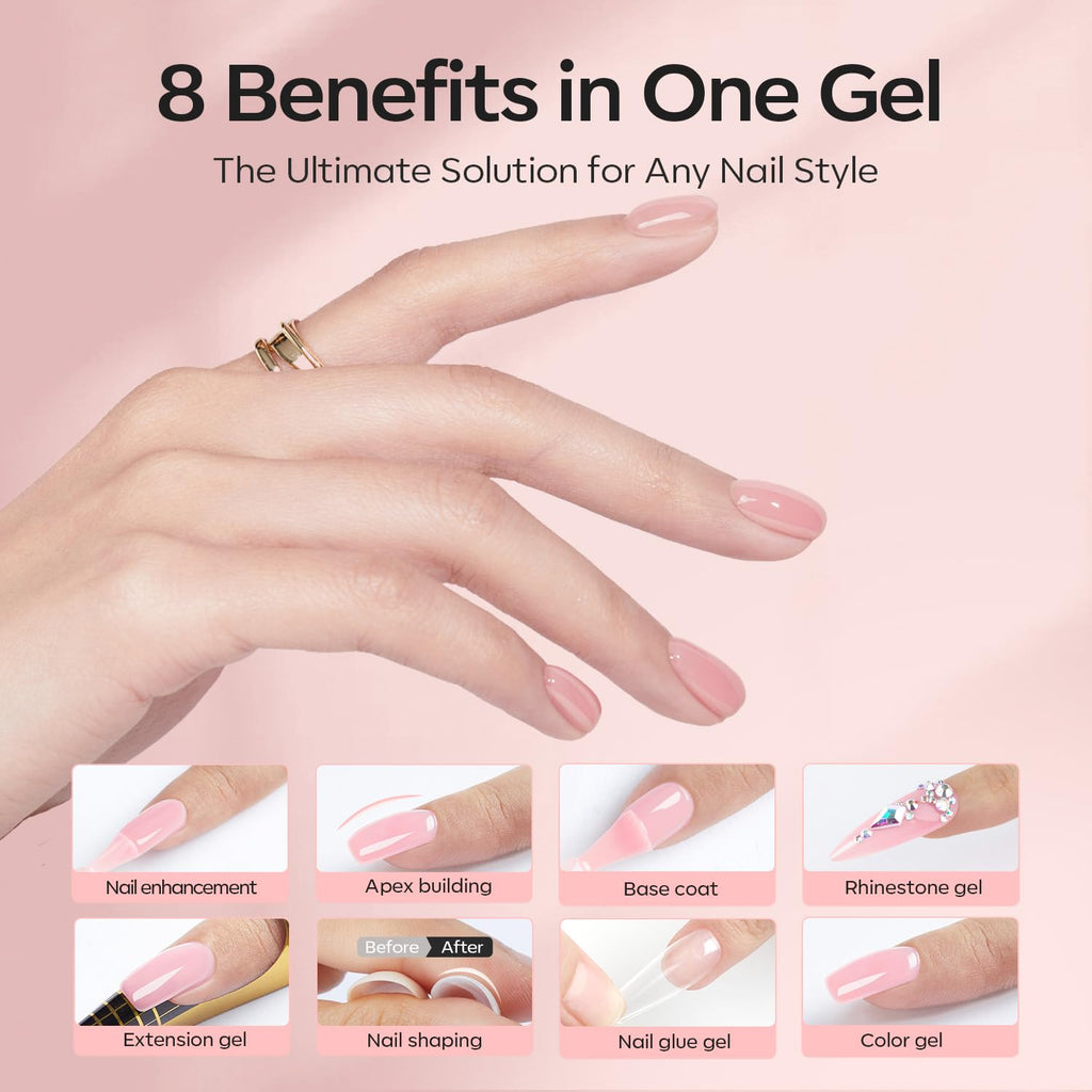 modelones Builder Nail Gel with Gel Top Coat, 8-In-One Nude Pink Builder Acid Free Top Coat for Color Rubber Base Nail Polish Thickening Apex Building Shine Finish, LED Lamp Cured 10ml Home DIY Salon