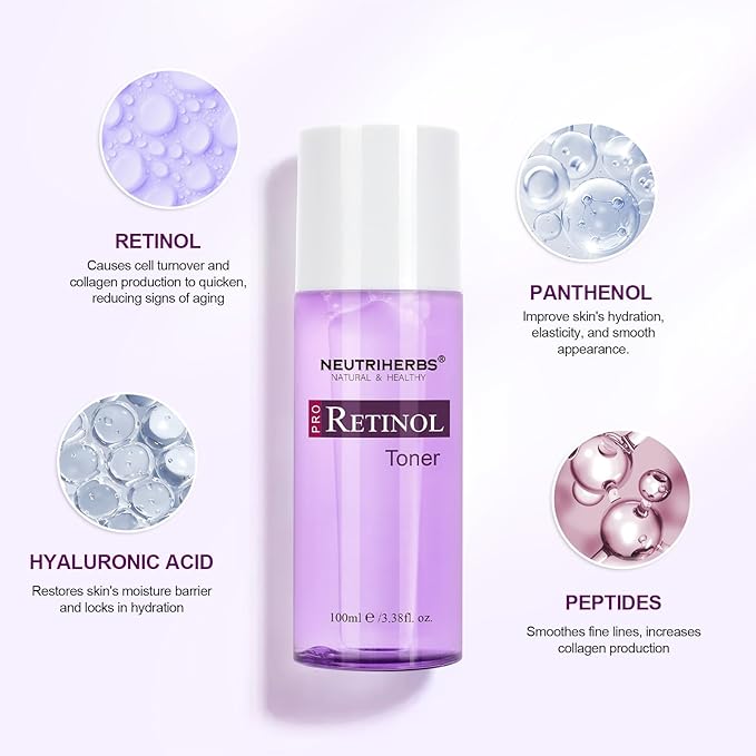 NEUTRIHERBS PRO Retinol Toner for Anti-Aging & Reducing Fine Lines and Wrinkles, with Panthenol, Peptides, and Hyaluronic Acid, Alcohol Free – 3.38 fl. Oz.