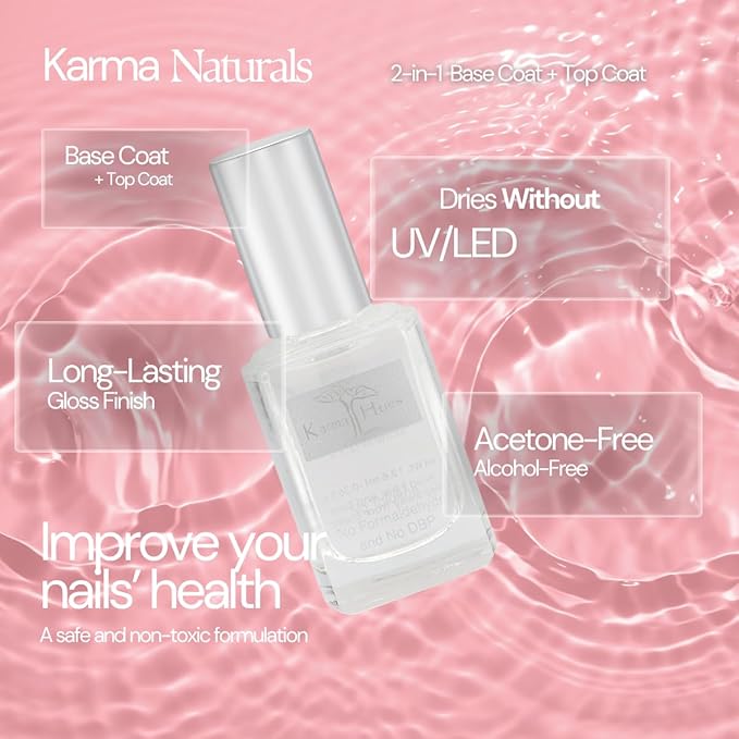 karma organic Base Coat and Top Coat 2 in 1 Nail Polish, Dip Powder & Polygel Base activator, Long Lasting Clear Nail Enamel, Nail Polish Strengthener - (0.43 FL oz)