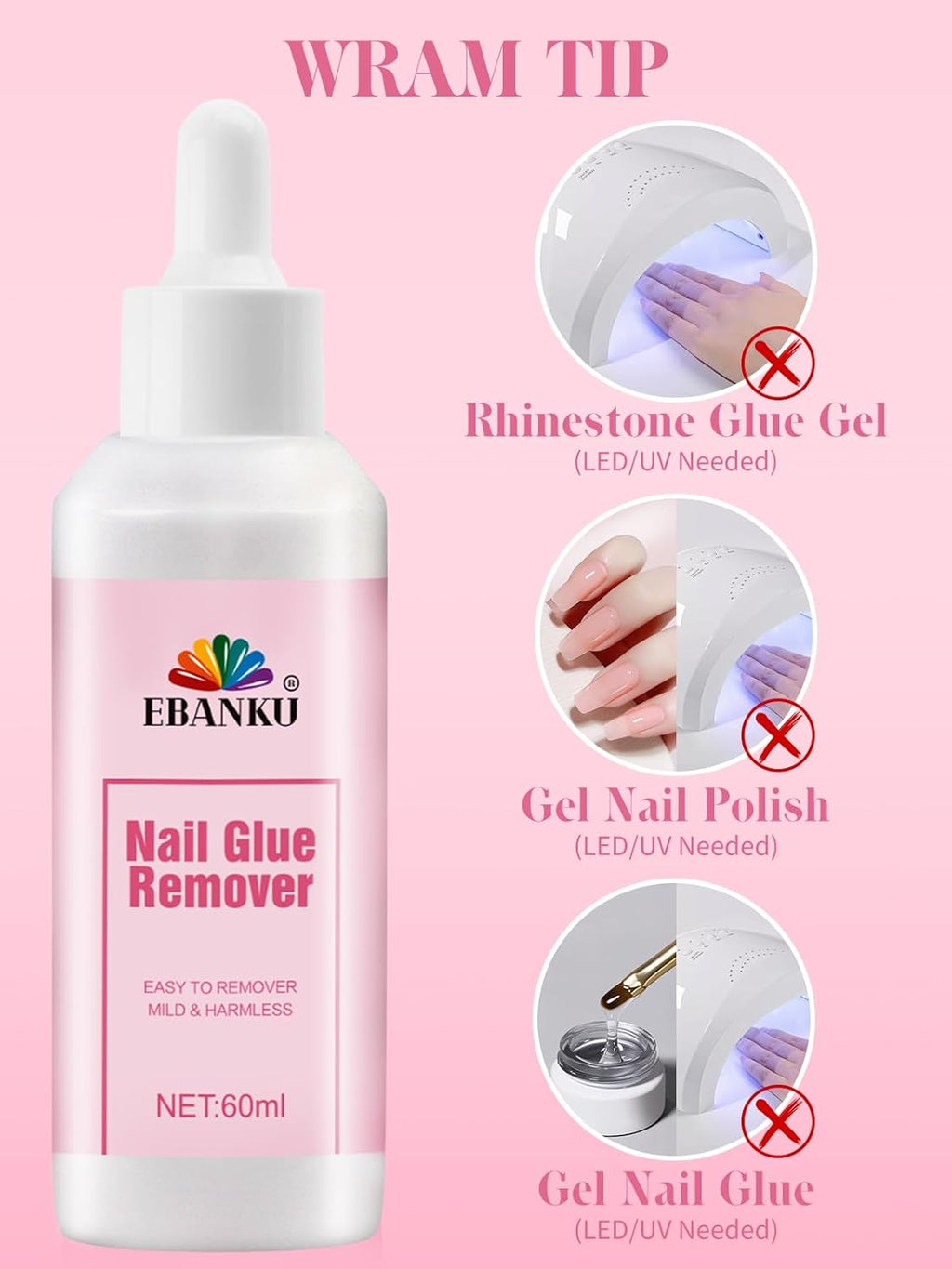 EBANKU 60ML Nail Glue Remover, Press On Nail Remover Quick Easy Removal, False Nails Adhesive Debonder with Cuticle Pusher, Non-Acetone Gentle Off for False Tips