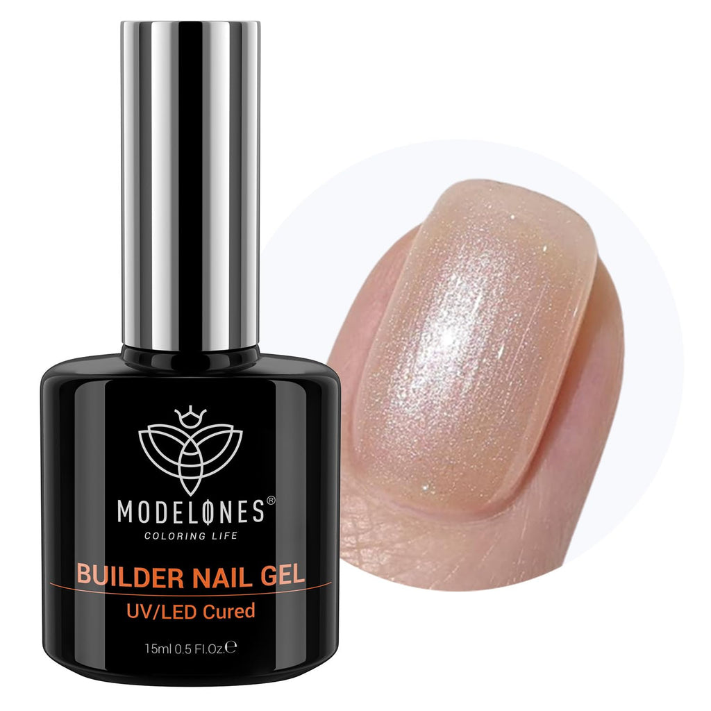 modelones Builder Nail Gel, 8-in-One Gold Shimmer Builder, Champagne Sparkle Glitter Rubber Color Base Gel Polish LED Lamp Cured, Apex Building Strengthener Extension for Home DIY Salon Girls