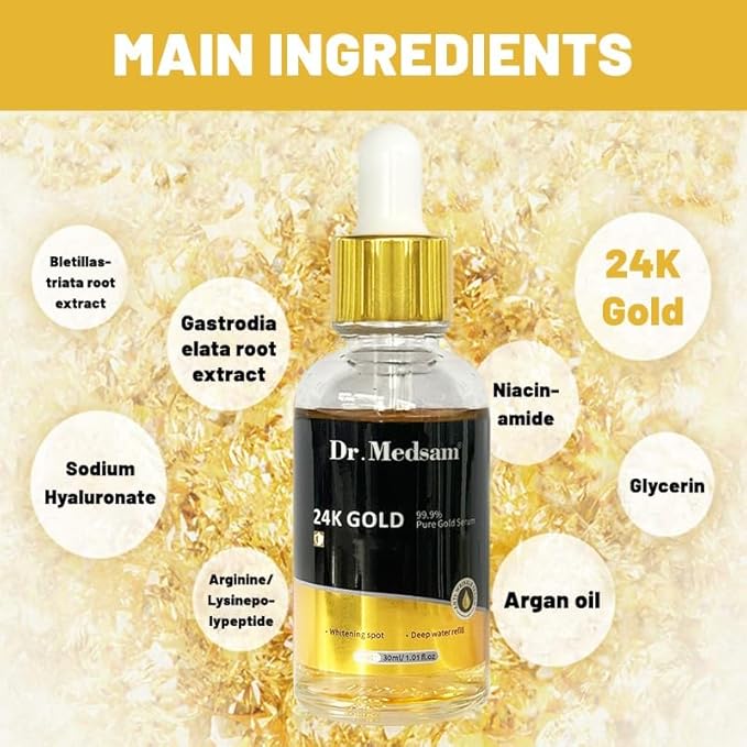 Dr.Medsam 24K Gold Serum, 99.9% Pure Gold Anti Aging Moisturizer with Hyaluronic Acid Niacinamide Deep Hydration and Firming Skin Care Glow Serum 30ML/1.01 Oz