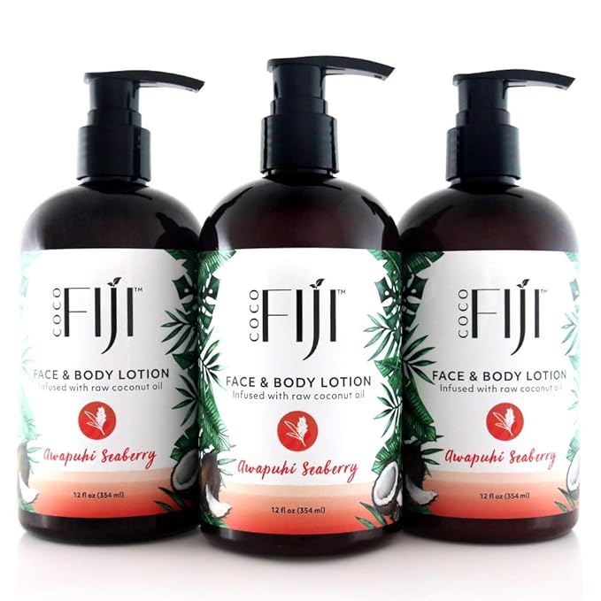 Coco Fiji Face & Body Lotion Infused With Coconut Oil | Lotion for Dry Skin | Moisturizer Face Cream & Massage Lotion for Women & Men | Awapuhi Seaberry 12 oz, Pack of 3