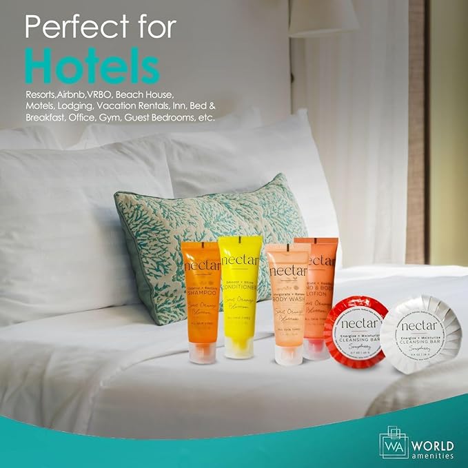 Nectar Mini Travel Size Toiletries Bathroom Kit | Sweet Orange Blossom| Shampoo, Conditioner, Body Wash, Lotion, Two Round Cleansing Bars and Body Bar