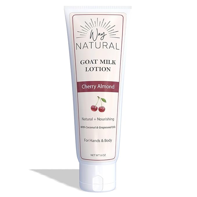 Goat Milk Lotion, Cherry Almond (8oz) - Natural Hand & Body Lotion - Dry Skin Relief, USA Made - Goat Milk Hand Cream for Women & Men - w/Shea Butter & Aloe