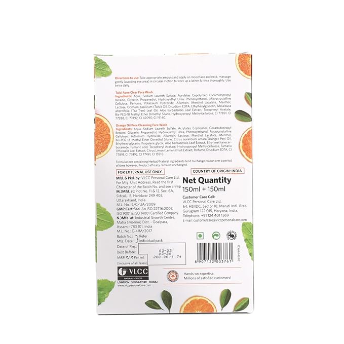 VLCC Holy Basil + Orange Oil Face Wash Combo for Acne & Pore Cleansing | Clears Pimple, Clogged Pores & Oil | Reduces Breakouts & Soothes Skin | 5.07 Fl Oz/150 ml (Pack of 2)