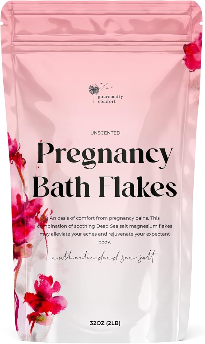 Gourmanity Comfort 2LB Unscented Magnesium Flakes for Bath with Wood Bath Salt Scoop, Bath Salts for Women Relaxing, Pregnancy Bath Soak Relief for Pregnant Women Aches & Pains [32oz/2LB]
