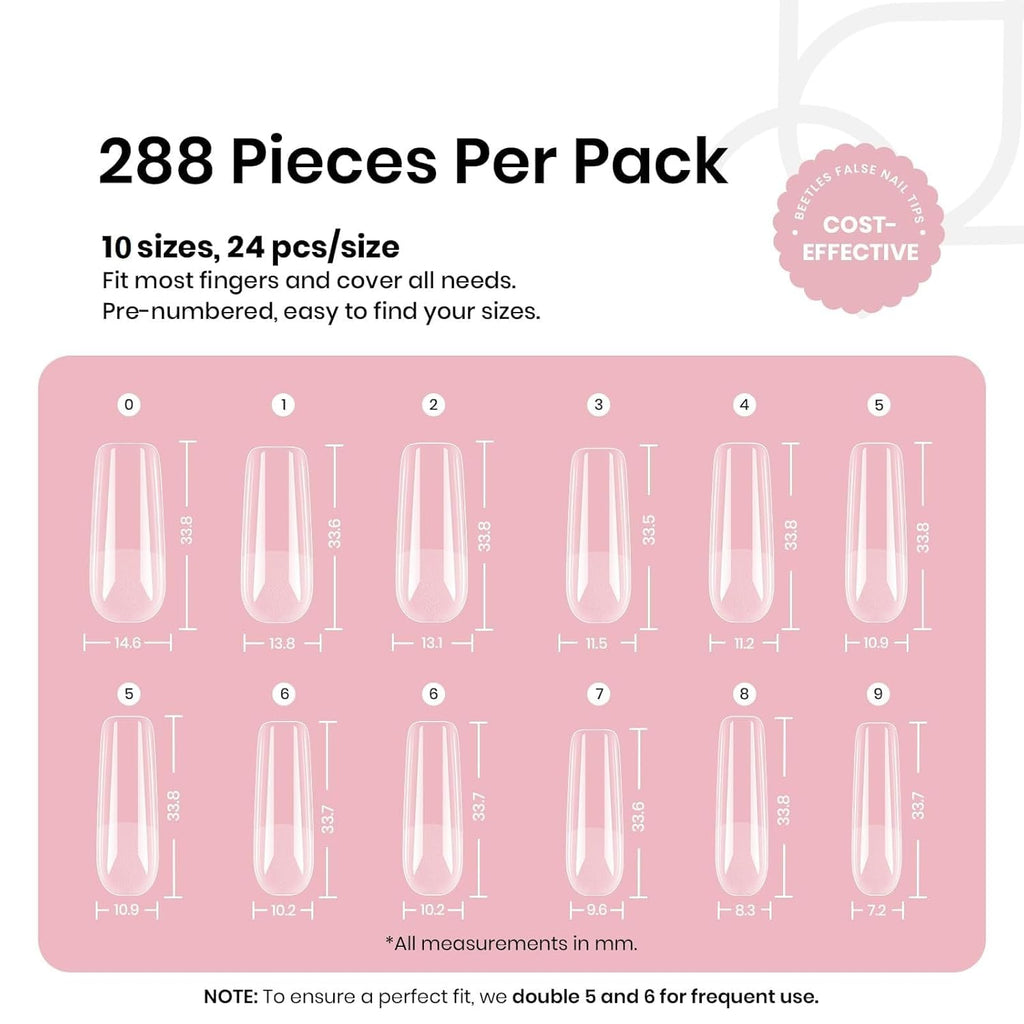 Beetles Gel Nail Tips Long Square 10 Sizes, 288Pcs Pre Shaped Half Matte Press On Nails Gelly Tips False Nails for Gel Nail DIY Art Nail Extensions Acrylic Nails Gift