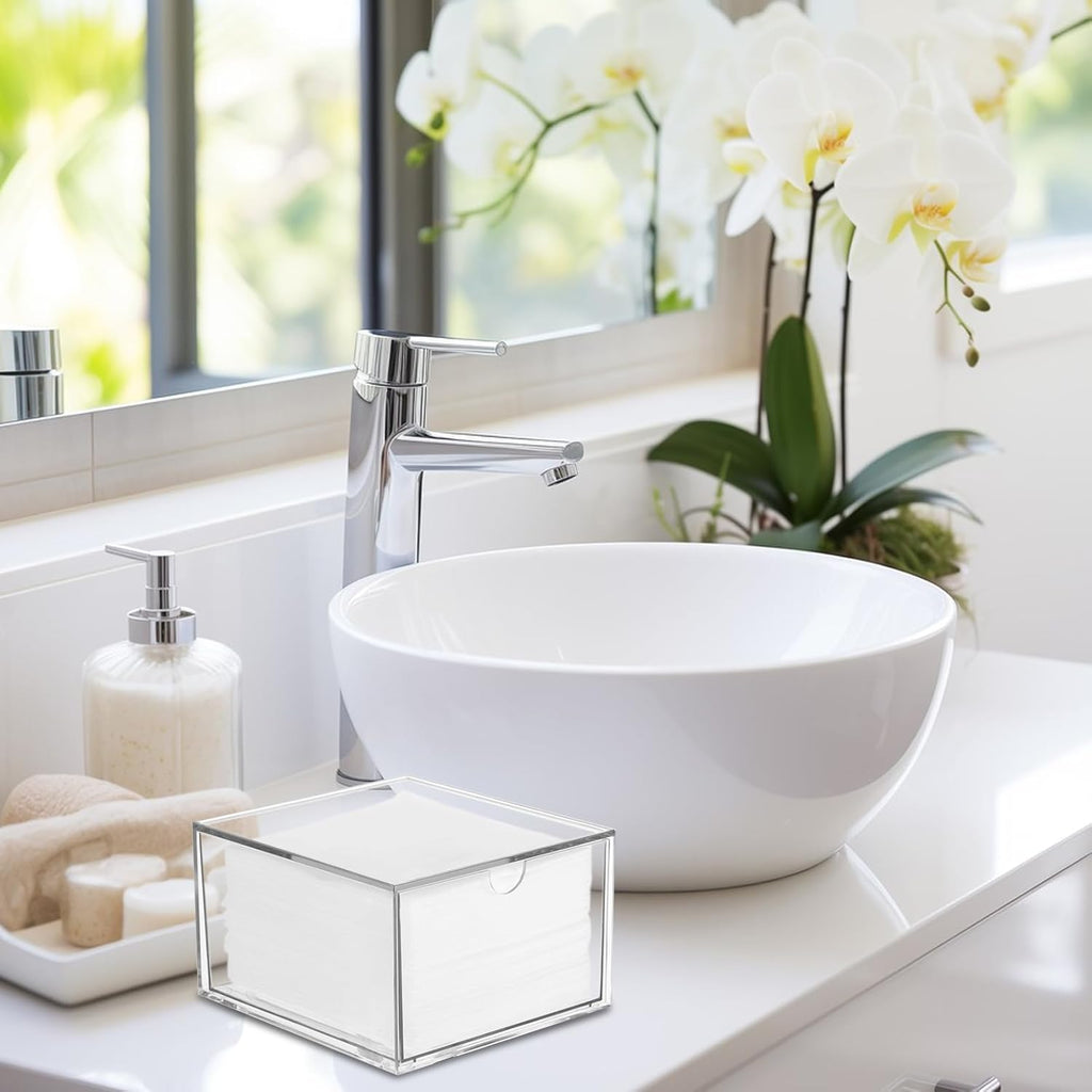 Rainmae Disposable Face Towel Holder, Face Towel Storage Box Bin, Stackable Clear Makeup Organizer with Drawer for Clean Skin Club Face XL Towels Holder for Vanity Bathroom and Makeup Organization