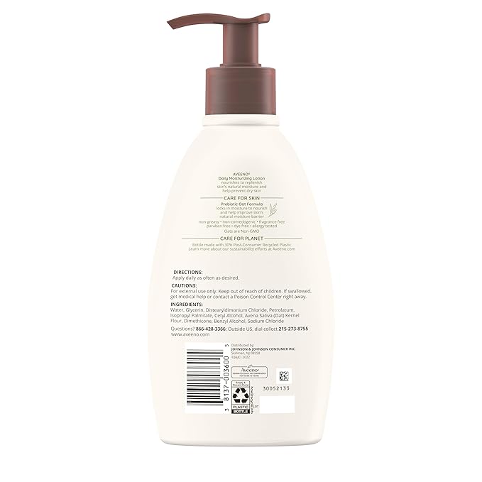 Aveeno Daily Moisturizing Body Lotion with Soothing Prebiotic Oat, Gentle Lotion Nourishes Dry Skin With Moisture, Paraben-, Dye- & Fragrance-Free, Non-Greasy & Non-Comedogenic, 12 fl. Oz